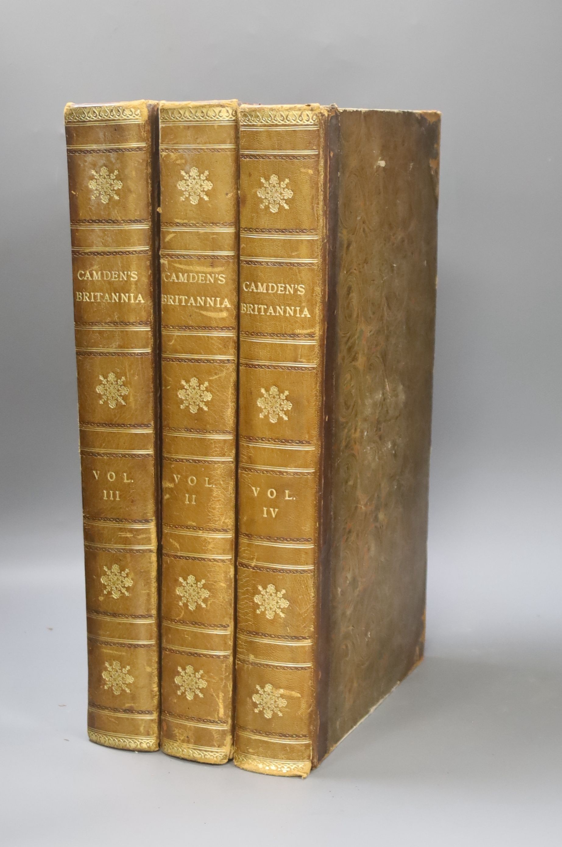Camden, William - Brittania: or, a Chronographical description of ......England, Scotland and Ireland, 2nd edition, vols 2, 3 and 4 only, of 4, folio, half calf, ex libris